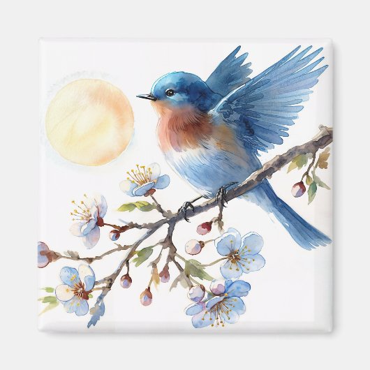 Bluebird on Blossom Branch Square Magnet (Voorkant)