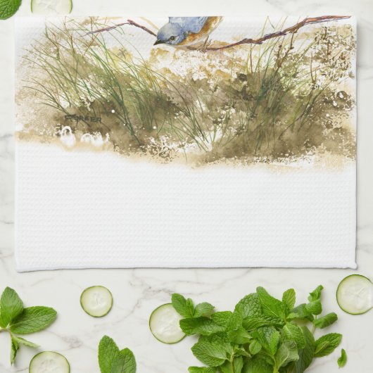 Bluebird on Branch Inspirerend gedicht Waterverf Theedoek (Gevouwen)