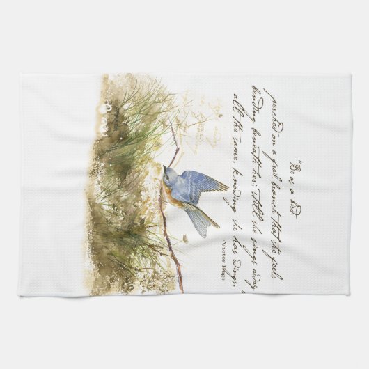 Bluebird on Branch Inspirerend gedicht Waterverf Theedoek (Horizontaal)