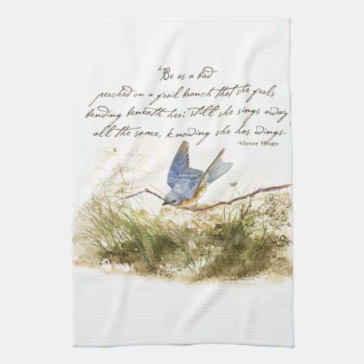 Bluebird on Branch Inspirerend gedicht Waterverf Theedoek (Verticaal)