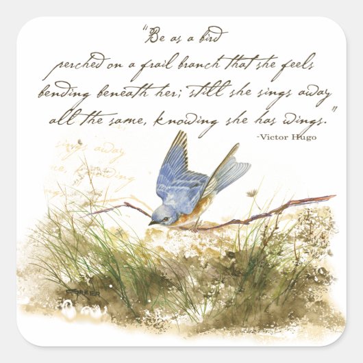 Bluebird on Branch Inspirerend gedicht Waterverf Vierkante Sticker (Voorkant)