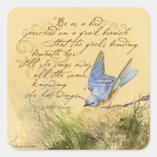 Bluebird on Branch & Victor Hugo Quote Vierkante Sticker (Voorkant)