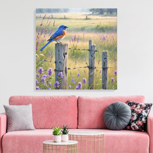 Bluebird op een hek post canvas afdruk (Insitu (Woonkamer))
