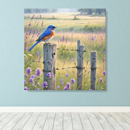 Bluebird op een hek post canvas afdruk (Insitu (Houten vloer))