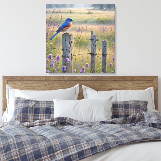 Bluebird op een hek post canvas afdruk (Insitu (Slaapkamer))