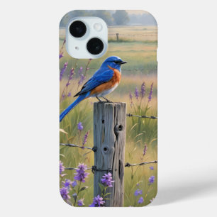 Bluebird op een hek post iPhone 15 case