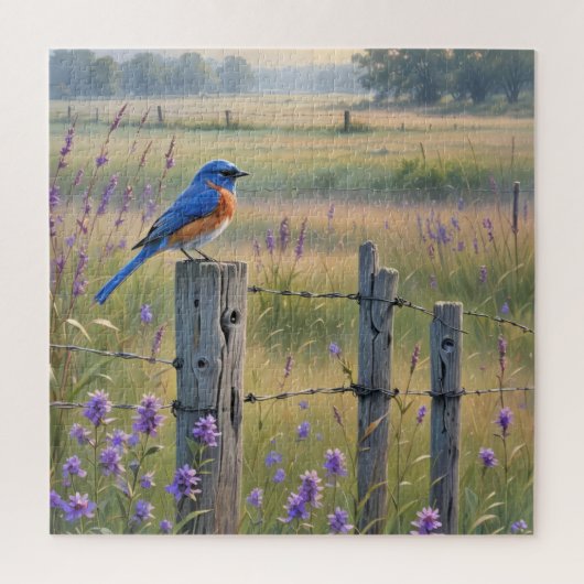 Bluebird op een hek post legpuzzel (Verticaal)
