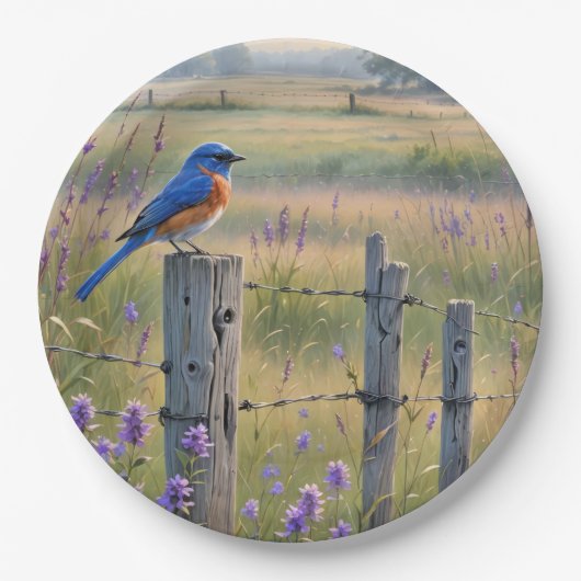 Bluebird op een hek post papieren bordje (Voorkant)
