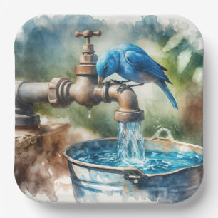 Bluebird op een oude kraan papieren bordje