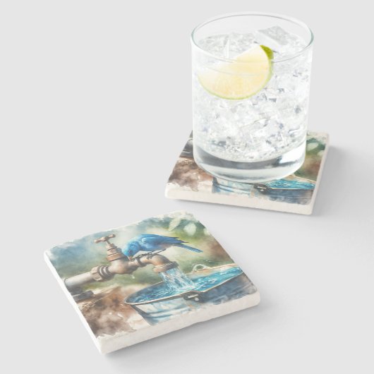 Bluebird op een oude kraan stenen onderzetter (Zijkant)