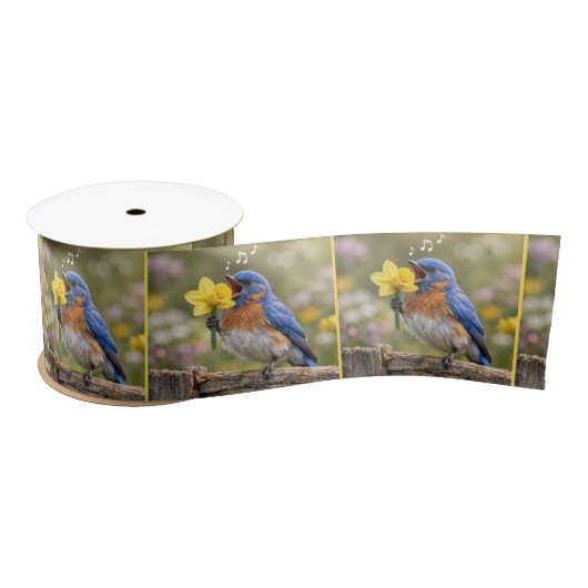 Bluebird Singing Into a Yellow Daffodil Satijnen Lint (Spoel)