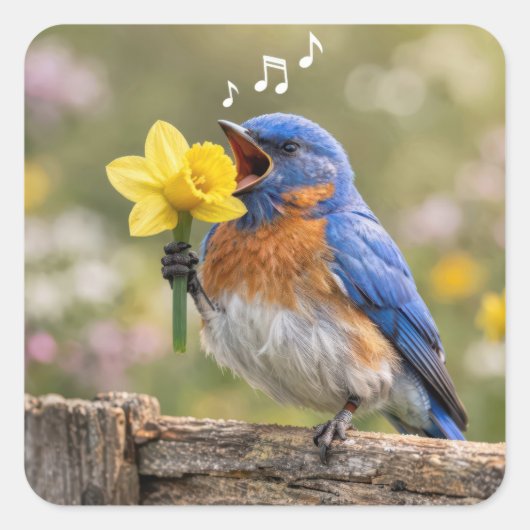 Bluebird Singing Into a Yellow Daffodil Vierkante Sticker (Voorkant)
