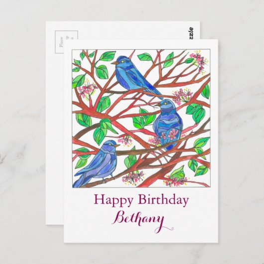 Bluebird tekening aangepaste naam Happy Birthday Briefkaart (Voorkant / Achterkant)