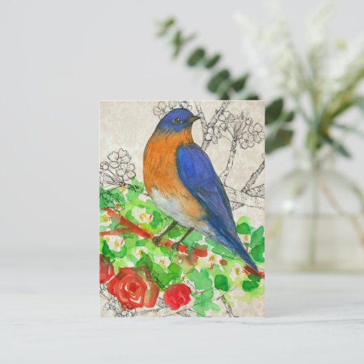 Bluebird Waterverf Red Roses Collage Briefkaart (Staand voorkant)
