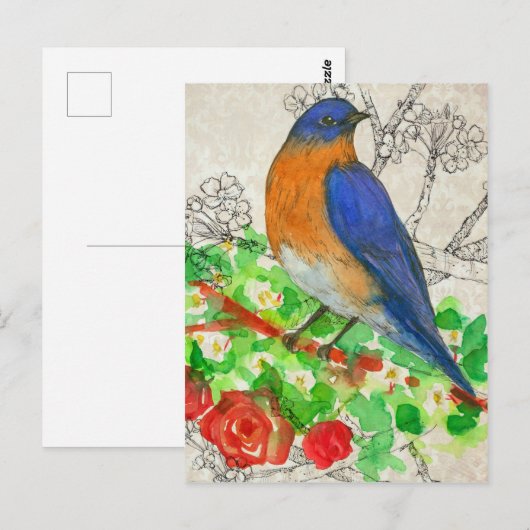 Bluebird Waterverf Red Roses Collage Briefkaart (Voorkant / Achterkant)