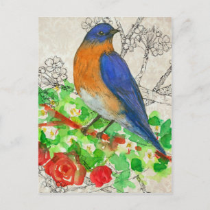 Bluebird Waterverf Red Roses Collage Briefkaart