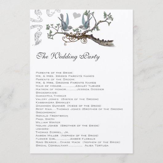 Bluebird Wedding Programs Programmakaart (Achterkant)