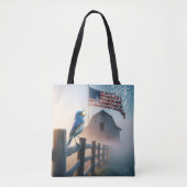 Bluebird zingen in mist met Amerikaanse vlag Tote Bag (Voorkant)
