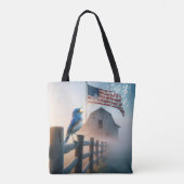 Bluebird zingen in mist met Amerikaanse vlag Tote Bag (Achterkant)