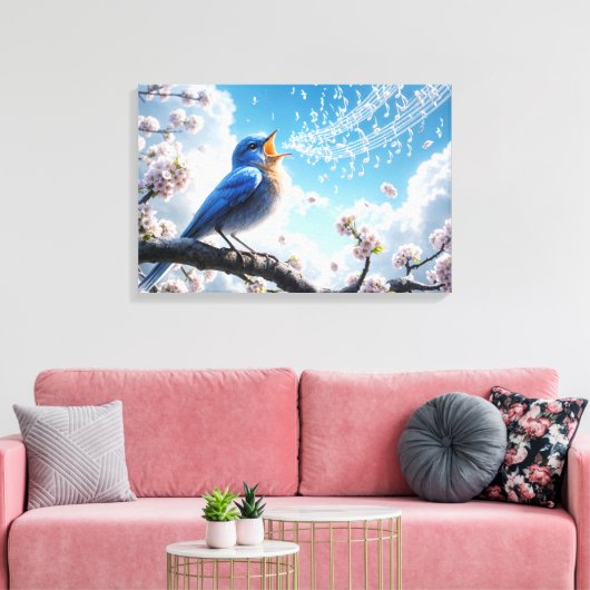 Bluebird zingen op een Cherry Tree Branch Canvas Afdruk (Insitu (Woonkamer))