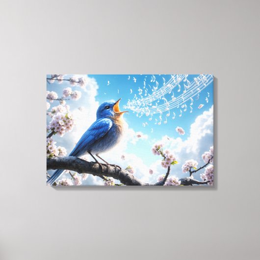 Bluebird zingen op een Cherry Tree Branch Canvas Afdruk (Voorkant)