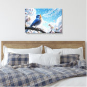 Bluebird zingen op een Cherry Tree Branch Canvas Afdruk (Insitu (Slaapkamer))