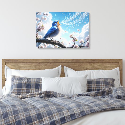Bluebird zingen op een Cherry Tree Branch Canvas Afdruk (Insitu (Slaapkamer))