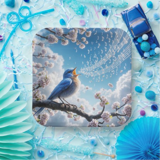 Bluebird zingen op een Cherry Tree Branch Papieren Bordje (Feest)