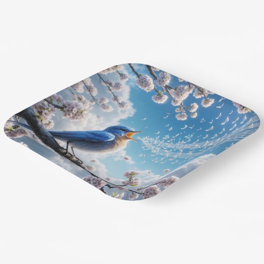 Bluebird zingen op een Cherry Tree Branch Papieren Bordje (Gebogen)