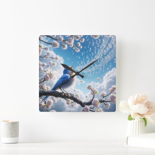 Bluebird zingen op een Cherry Tree Branch Vierkante Klok (Huis)