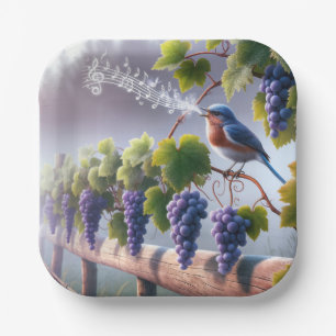 Bluebird zingt op een Grapevine Papieren Bordje