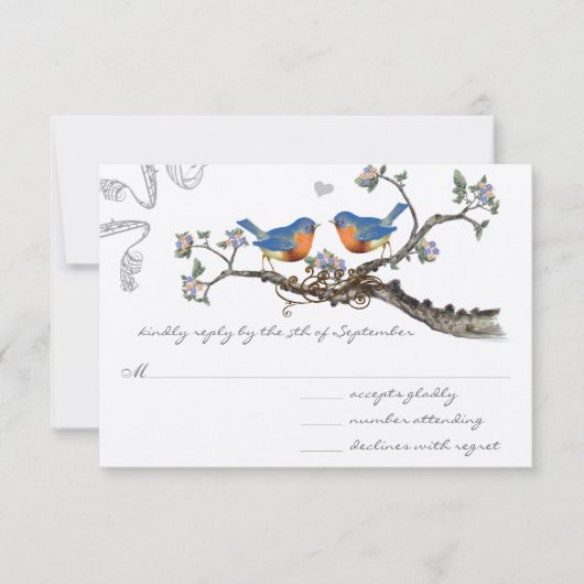 Bluebirds Blooming Branch Wedding RSVP Kaartje (Voorkant)