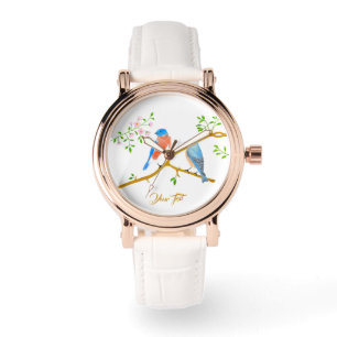 Bluebirds Rose Goud Vintage Horloge Met Witte Band
