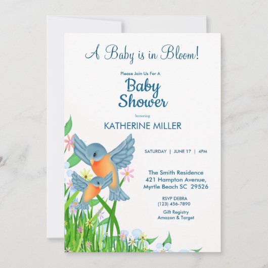 Bluebirds Wildflower Baby shower Kaart (Voorkant)