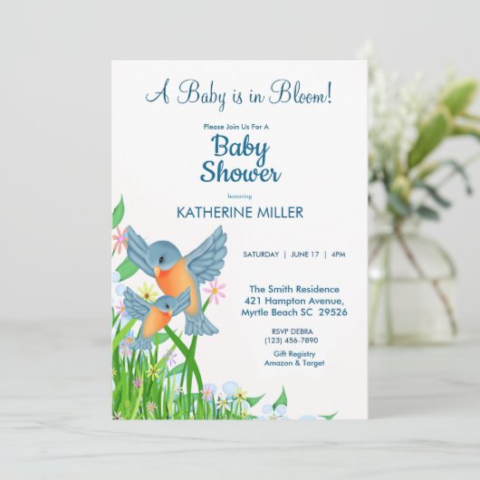 Bluebirds Wildflower Baby shower Kaart (Staand voorkant)