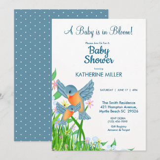 Bluebirds Wildflower Baby shower Kaart