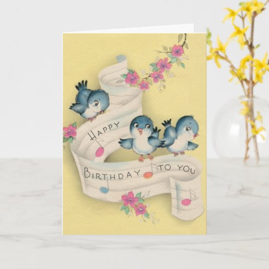 - Bluebirds zingen Happy Birthday, Kaart (Gele Bloem)