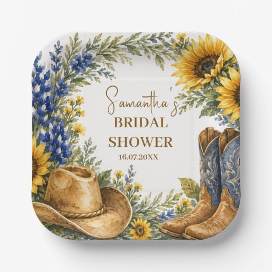 Bluebonnet Texas Zonnebloem Boho Bruidsfeest Papieren Bordje (Voorkant)