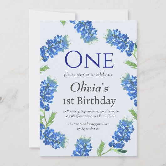 Bluebonnets 1e Verjaardag Blauwe Bloemen Kaart (Voorkant)