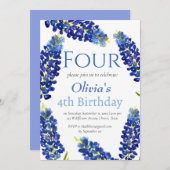 Bluebonnets 4e verjaardag Blauw Meisje Bloemen Kaart (Voorkant / Achterkant)