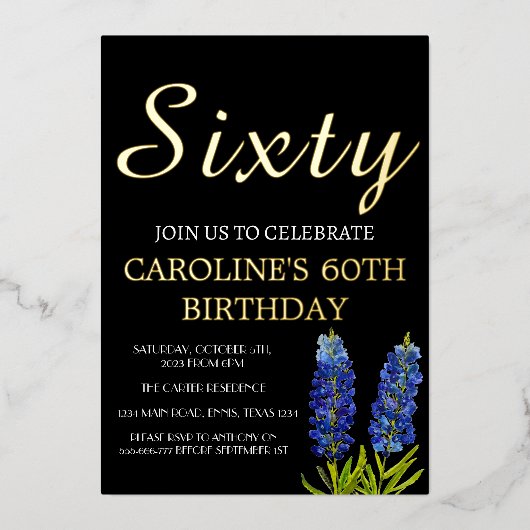Bluebonnets 60e verjaardag Blauw Goud Chique Glam Folie Uitnodiging (Voorkant)