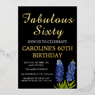 Bluebonnets 60e verjaardag Blauw Goud Chique Glam Folie Uitnodiging