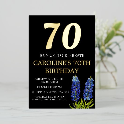 Bluebonnets 70e verjaardag Blauw Goud Chique Glam Folie Uitnodiging (Staand Voorkant)