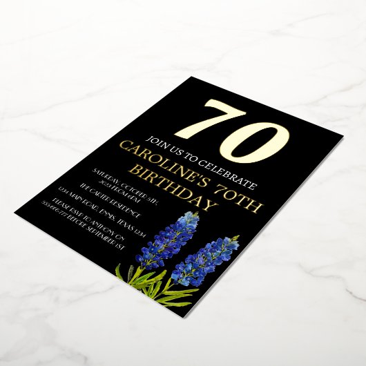 Bluebonnets 70e verjaardag Blauw Goud Chique Glam Folie Uitnodiging (Gedraaid)