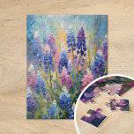 Bluebonnets Abstracte Bloemkunst Legpuzzel<br><div class="desc">Een moderne impressionistische stijl schilderij van bluebonnets, de iconische Texas wilde bloem, weergegeven in verbluffende blauw en paarse tinten met abstracte penseelstreken. De expressieve streken en levendige kleuren vangen de natuurlijke schoonheid en gratie van deze bloemen, waardoor een levendige en getextureerde interpretatie van het Texaanse landschap ontstaat. Dit eigentijdse stuk...</div>