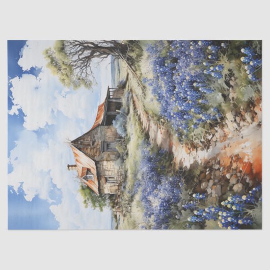 Bluebonnets and Old Barn in Texas Decoupage Tissuepapier (Voorkant)