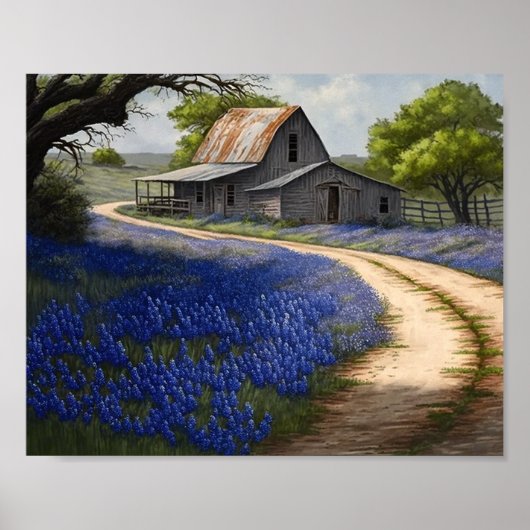 Bluebonnets and Old Barn in Texas Poster (Voorkant)
