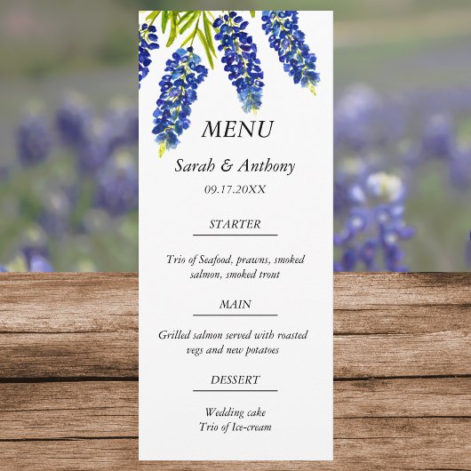 Bluebonnets Blauw Bloemen Waterverf Trouwvoedsel Menu