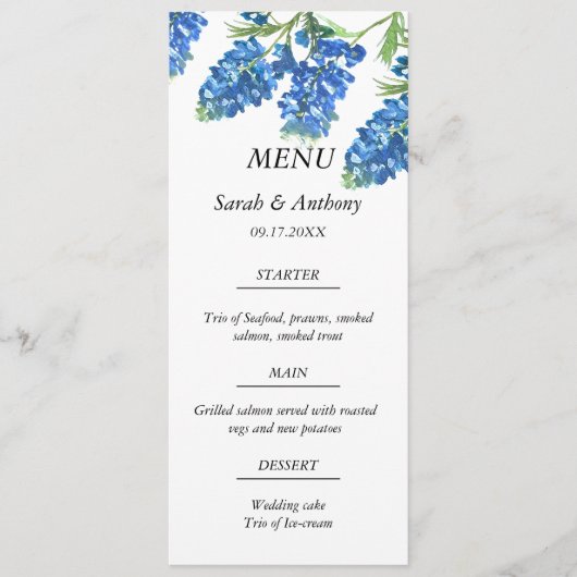 Bluebonnets Blauw Bloemen Waterverf Trouwvoedsel Menu (Voorkant)