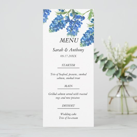 Bluebonnets Blauw Bloemen Waterverf Trouwvoedsel Menu (Staand voorkant)